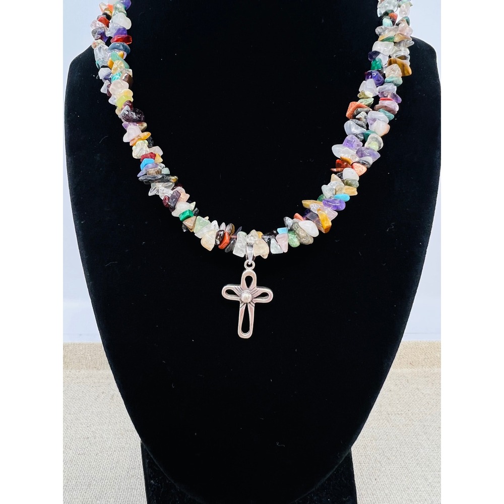 Sterling Silver 925 Multi Gemstone Chip Double Strand Cross Pendant Necklace - Picture 2 of 9
